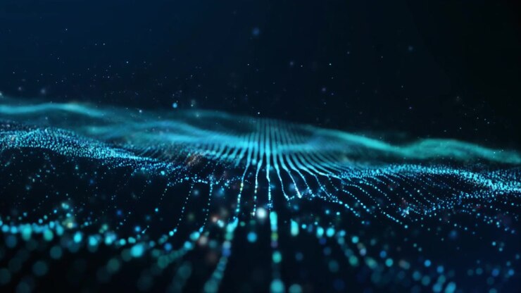 Onda digitale astratta di particelle e linee blu luminose