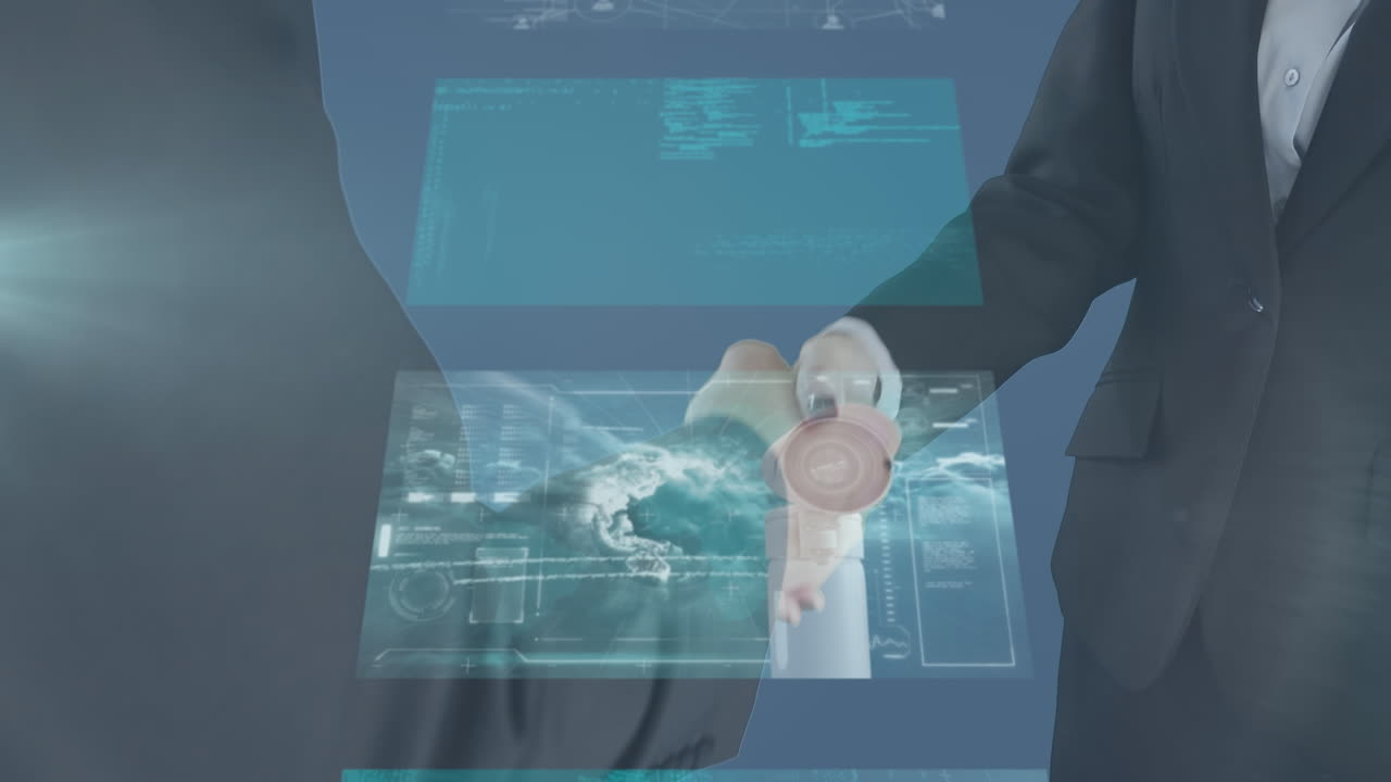 카우카스계 사업가들이 손을 흔드는 디지털 화면의 애니메이션