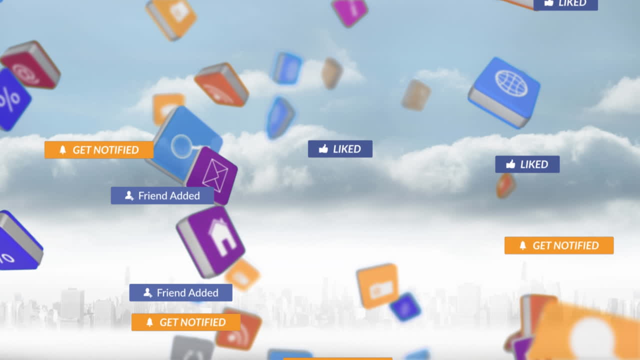 Animation of falling social media icons over cloudy icons