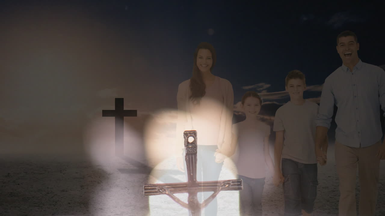 Holding cross with bokeh lights, family symbolizing faith and unity together