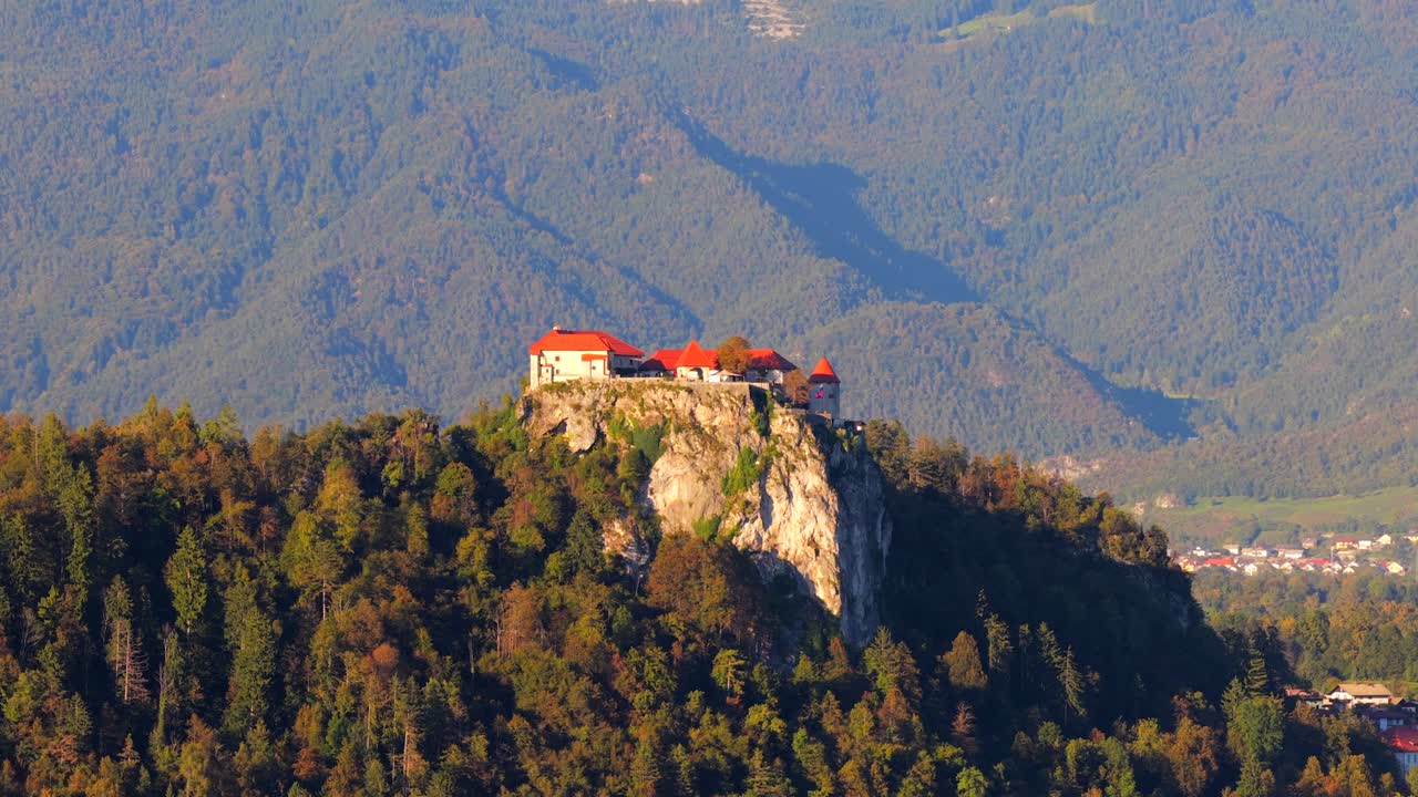 Aerial view of Bled Castle and church by the lake in Slovenia