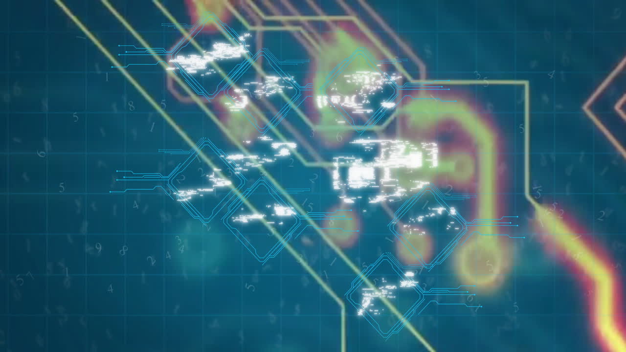 Digital security icons with data processing animation on blue tech background