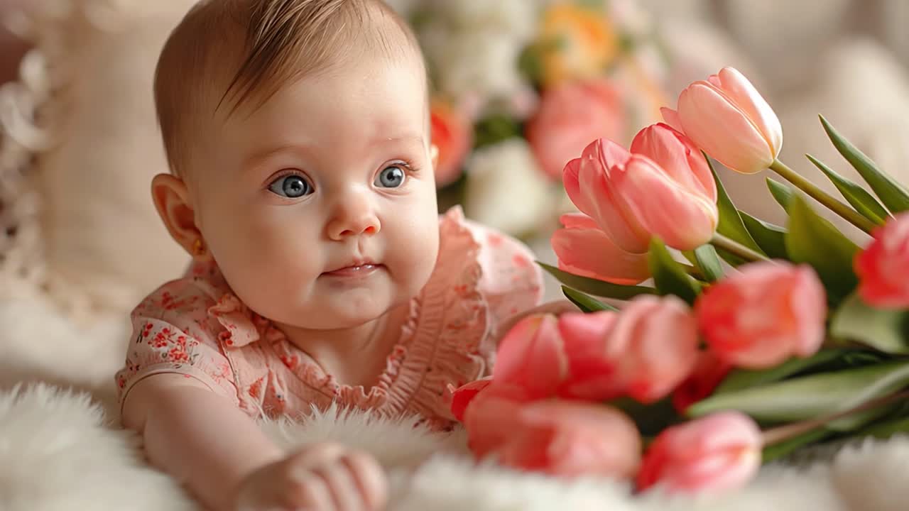 Adorable Baby with Pink Tulips