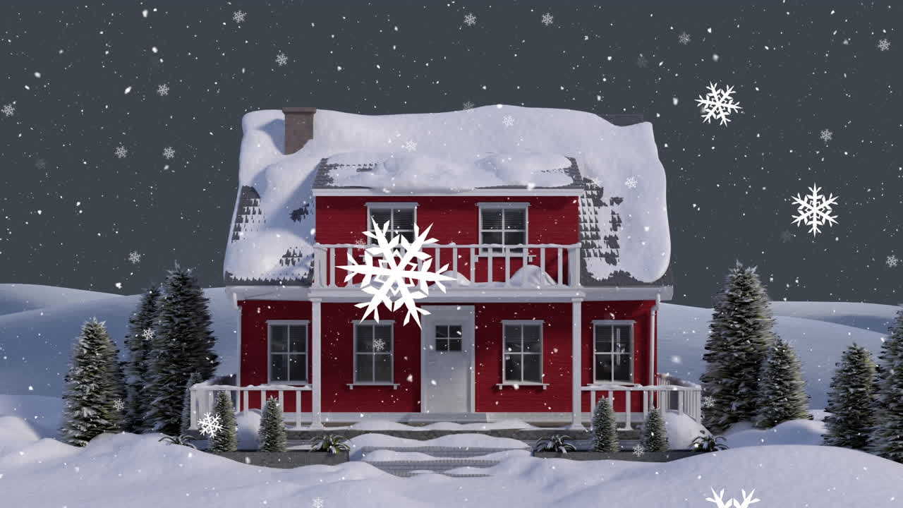 겨울 풍경에서 집 위에 내리는 눈의 애니메이션