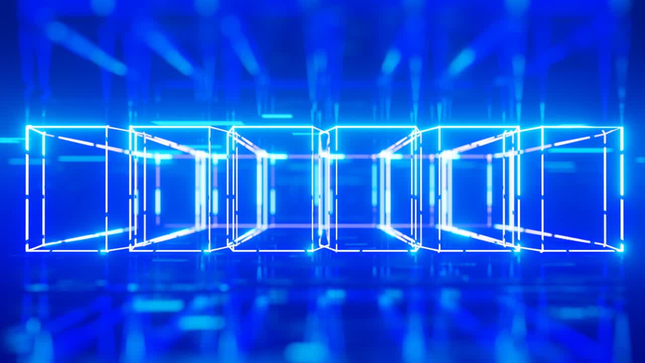 프레임과 큐브: 3d 객체 또는 구조물은 네온 빛, 밝은 반사와 함께 유리 거울 터널 안에서 회전하고 움직입니다.