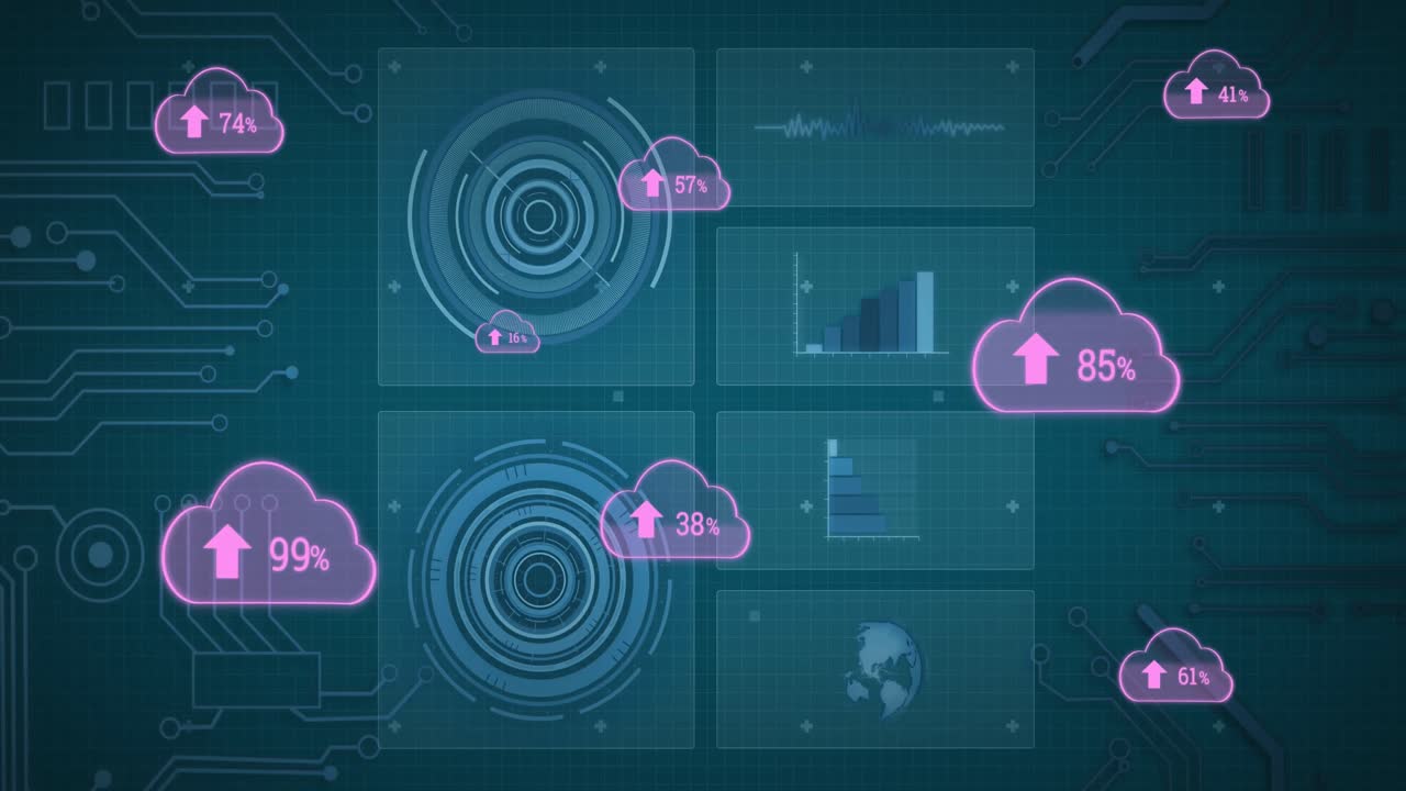 Animation of pink clouds with percent going up over screens with data processing