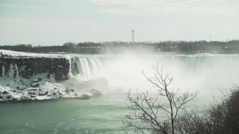 Wintertime-Niagara-Falls-and-icy-surrounding-cliffs,-wide-static-view
