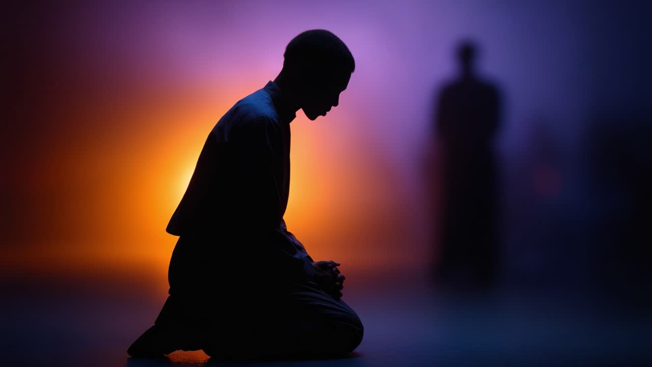 Un momento contemplativo catturato in silhouette, che ritrae una persona immersa in una profonda riflessione su uno sfondo dai colori vivaci, con tonalità arancioni e viola.