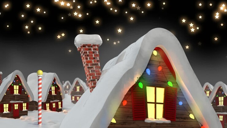 animatie van sterren die over huizen vallen met feeënlichten