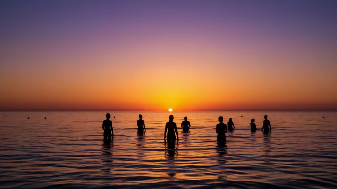 A Serene Sunset Over Calm Waters: Silhouettes of People Embrace the Tranquil Scene While Enjoying Nature's Beauty in the Setting Sun