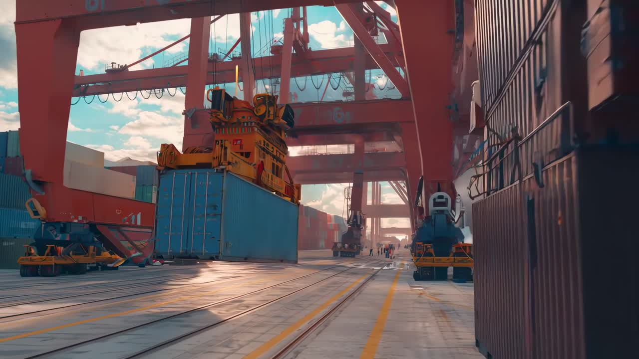 Wide-angle video shot of a bustling shipping port with towering cranes and stacked containers