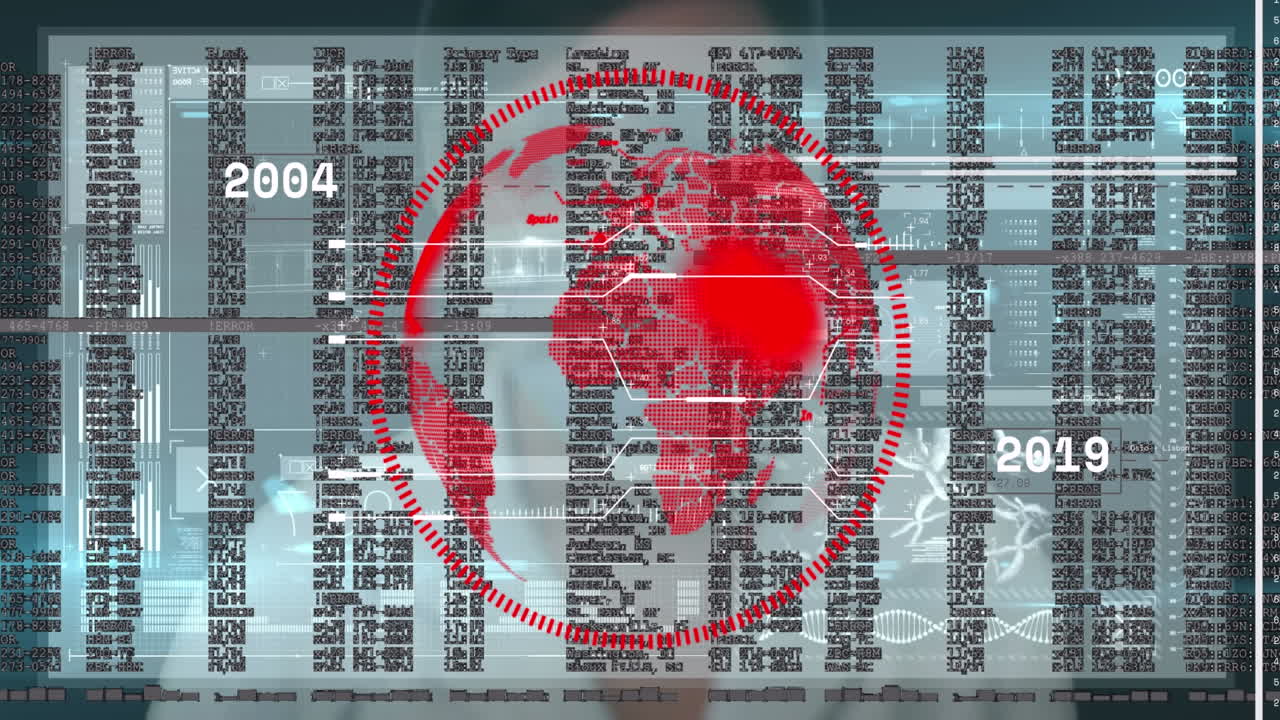 animación de procesamiento de datos sobre el globo y mujer caucásica en fondo blanco