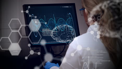 animation of scientific data processing over female scientist using computer