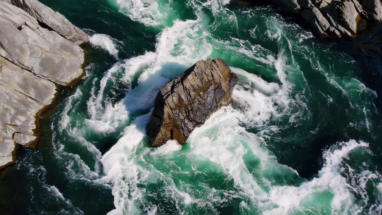 Fast-flowing river rapids with a large rock in the middle