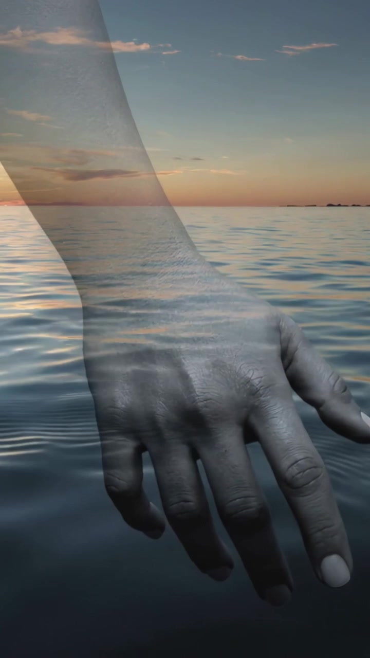Video verticale: Mano sinistra che scende nel mare al tramonto, si ferma a mezz'aria, anello visibile