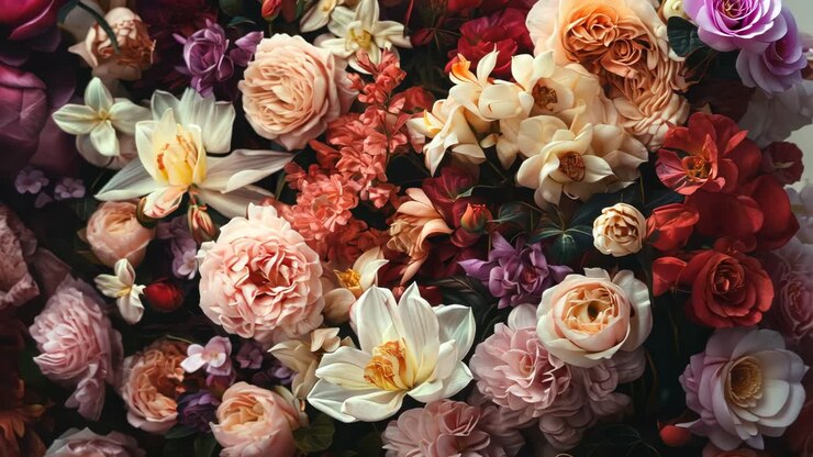 Videoaufnahme von oben von einem üppigen Blumenarrangement mit leuchtenden, blühenden Blumen in sanftem Licht