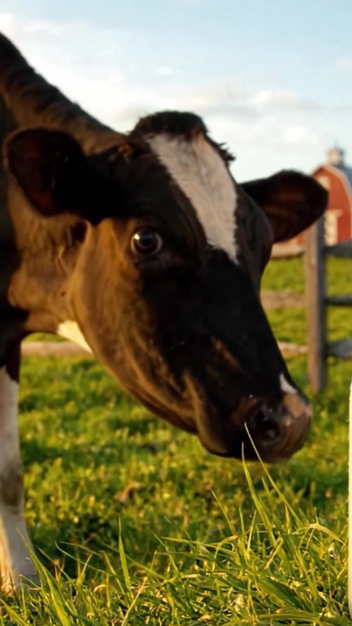 Una vista de cerca de una vaca curiosa pastando en un vibrante pastizal verde, mostrando sus marcas únicas y un entorno pacífico con el telón de fondo de un granero rústico.