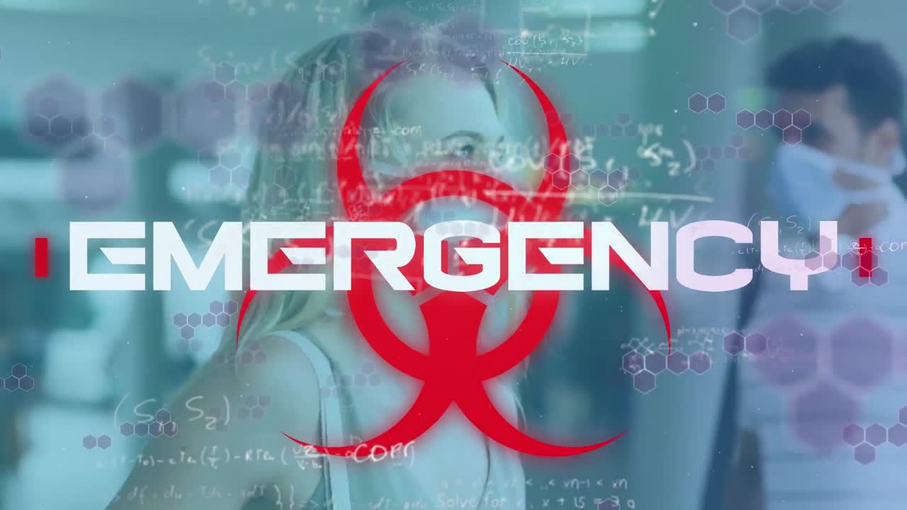 animación del procesamiento de datos de covid-19 sobre el símbolo de riesgo biológico y una mujer con máscara facial