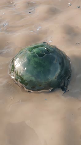 green jellyfish in water on sand