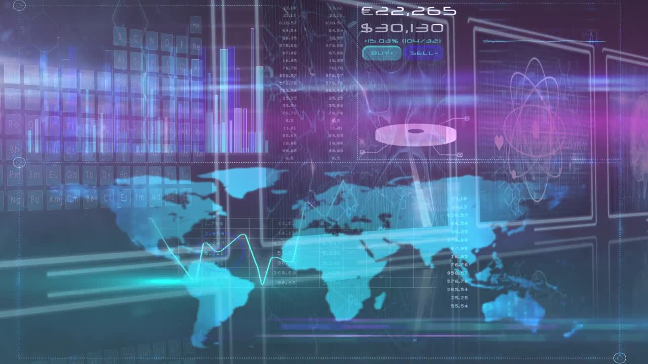 Animation of data processing over screens on dark background