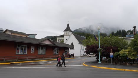 st. john's episcopal church of england church in ketchikan, alaska. downtown in ketchikan in a rainy day.