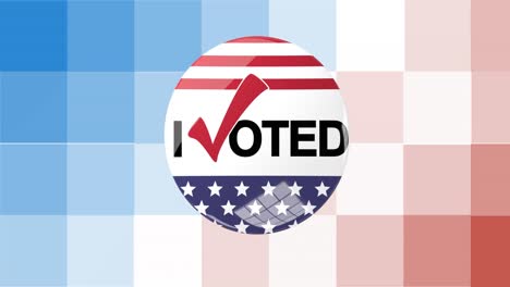 Animation-of-i-voted-badge-with-american-flag-on-red,-white-and-blue-pixels