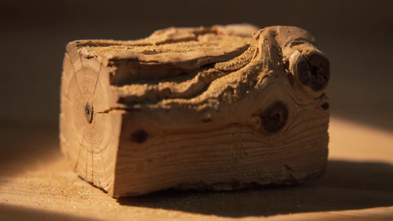 Inquadrature ravvicinate di un piccolo blocco di legno consumato su un tavolo, che rivelano le venature e la segatura.