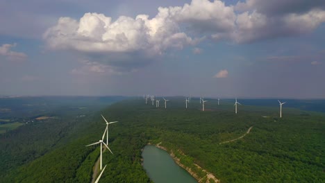 flying towards wind turbines on top of pennsylvania mountains