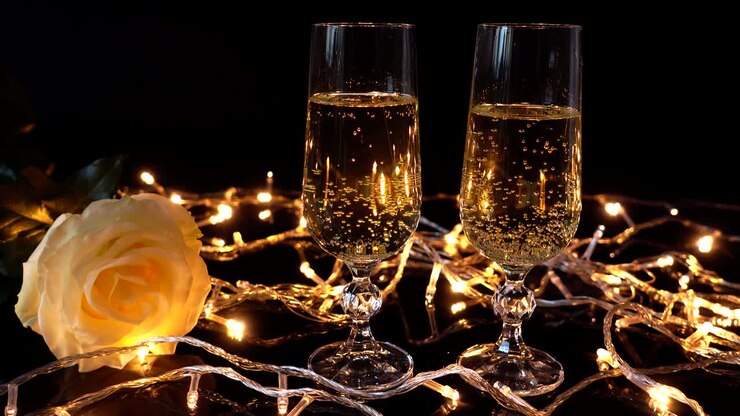 Bicchieri con champagne e rose sullo sfondo di ghirlande luminose.