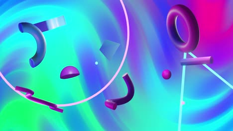 Animation of abstract 3d shapes over coloured waving background