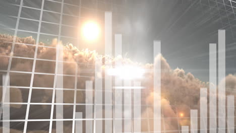 animación de gráfico de barras sobre patrón de cuadrícula y nubes densas contra el sol en el cielo