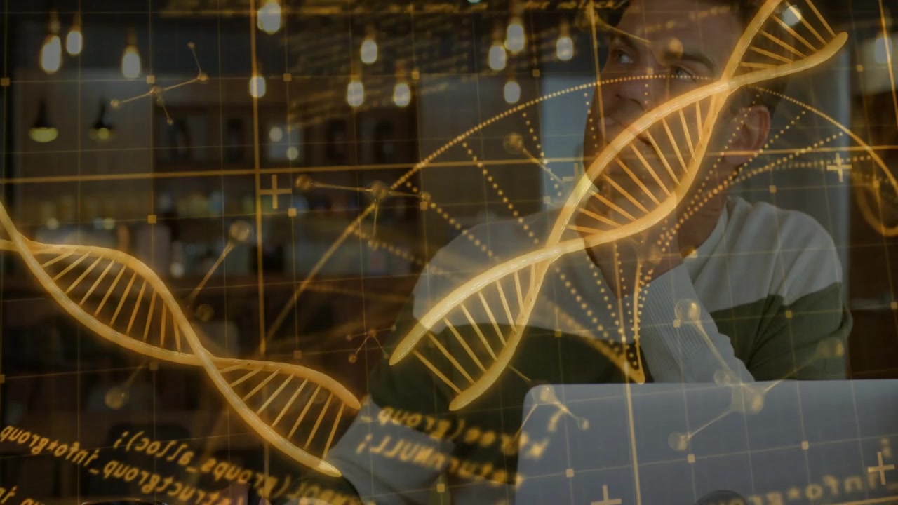 Forsker taster på bærbar computer og igangsætter gyldne DNA-spiraler og formler, der passerer over en mand