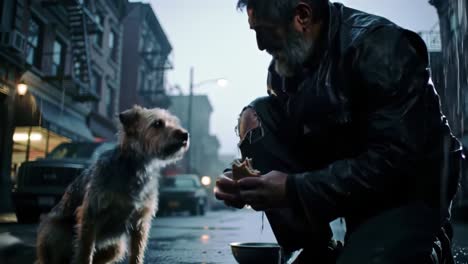 a heartwarming encounter between a grizzled man and a loyal dog in the rainy streets, sharing a moment of kindness amidst urban hardships and isolation