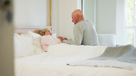 elderly, couple and holding hands in bed