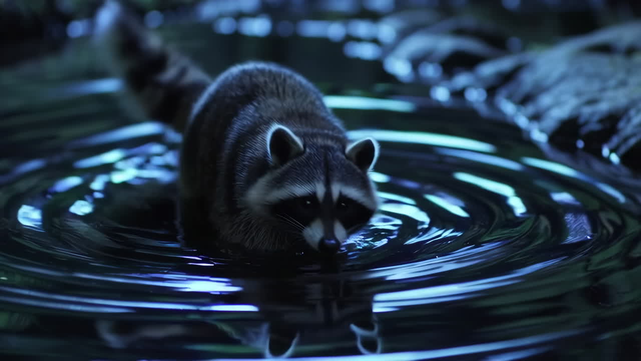 Raccoon by a Creek at Night