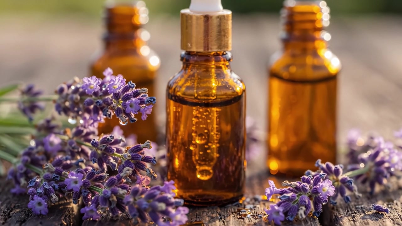 Flasker med aromatisk lavendel æterisk olie omgivet af friske lavendelkviste på et rustikt træbord, der fanger essensen af naturlig velvære og aromaterapi