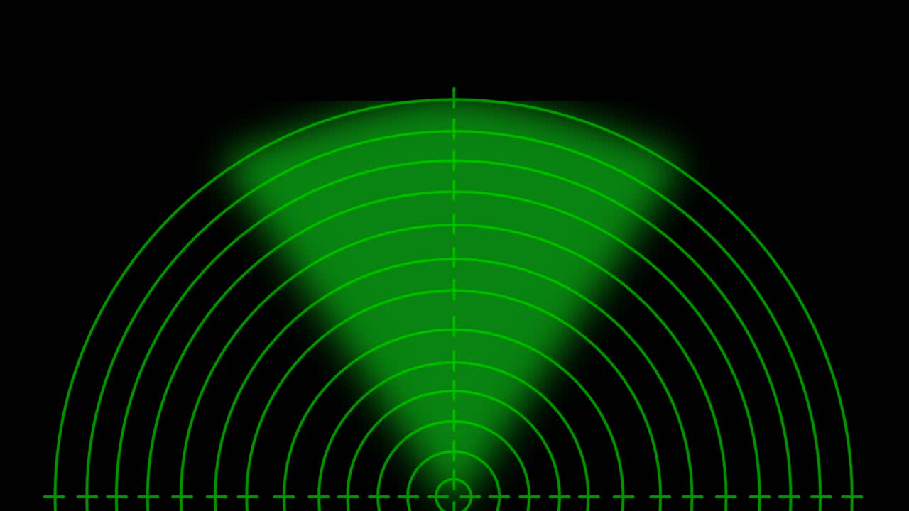 검정색 배경에 녹색 레이더 애니메이션 화면의 클로즈업 샷