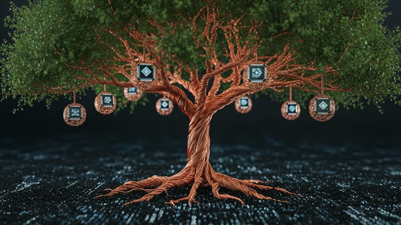 A Digital Tree with Glowing Symbols, Representing Technology and Innovation in a Stylized Environment of Data and Connectivity, Highlighting Growth and Development