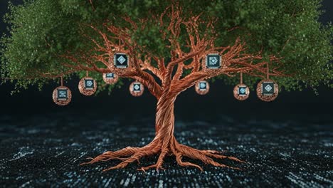 a digital tree with glowing symbols, representing technology and innovation in a stylized environment of data and connectivity, highlighting growth and development