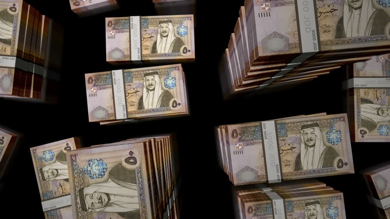 Flug über jordanische Dinar-Geldscheinpakete, Schleifenanimation