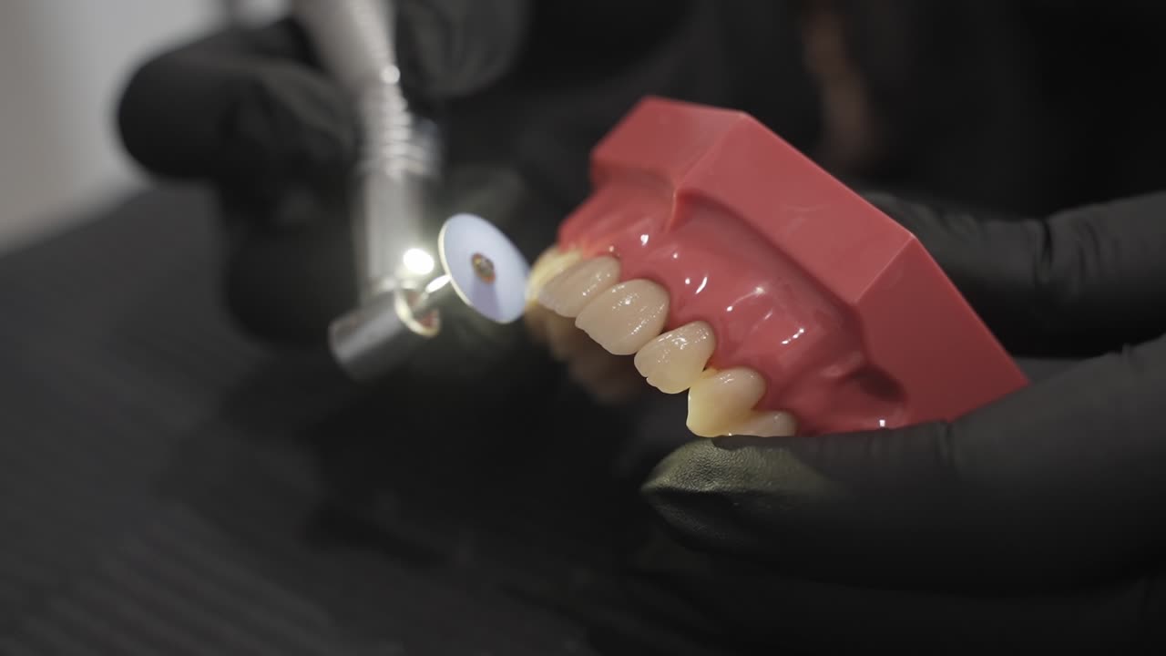 primer plano del molde del alineador siendo pulido utilizando una herramienta especializada bajo luz enfocada