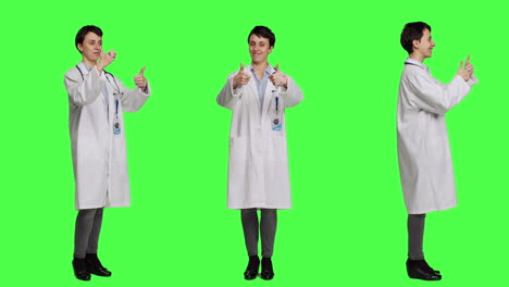 Cheerful-medic-doing-thumbs-up-symbol-against-greenscreen-backdrop