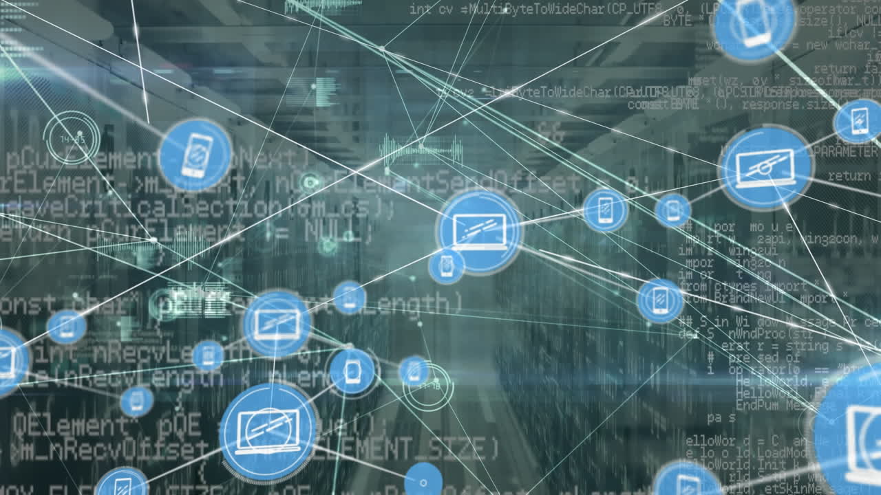 Animation of connected dots and icons with graph and computer language over server room