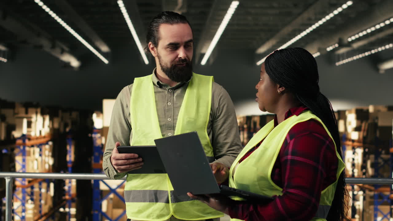 Operai di magazzino che discutono la gestione dell'inventario con laptop e tablet