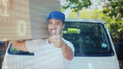 deliveryman signalling an thumbs up while carrying a package