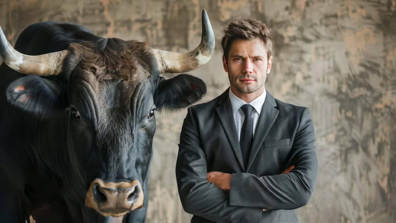 Confident businessman standing beside powerful black bull, embodying leadership and strength within rustic agricultural landscape, portraying professional partnership and authority