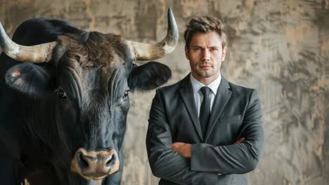 confident businessman standing beside powerful black bull, embodying leadership and strength within rustic agricultural landscape, portraying professional partnership and authority