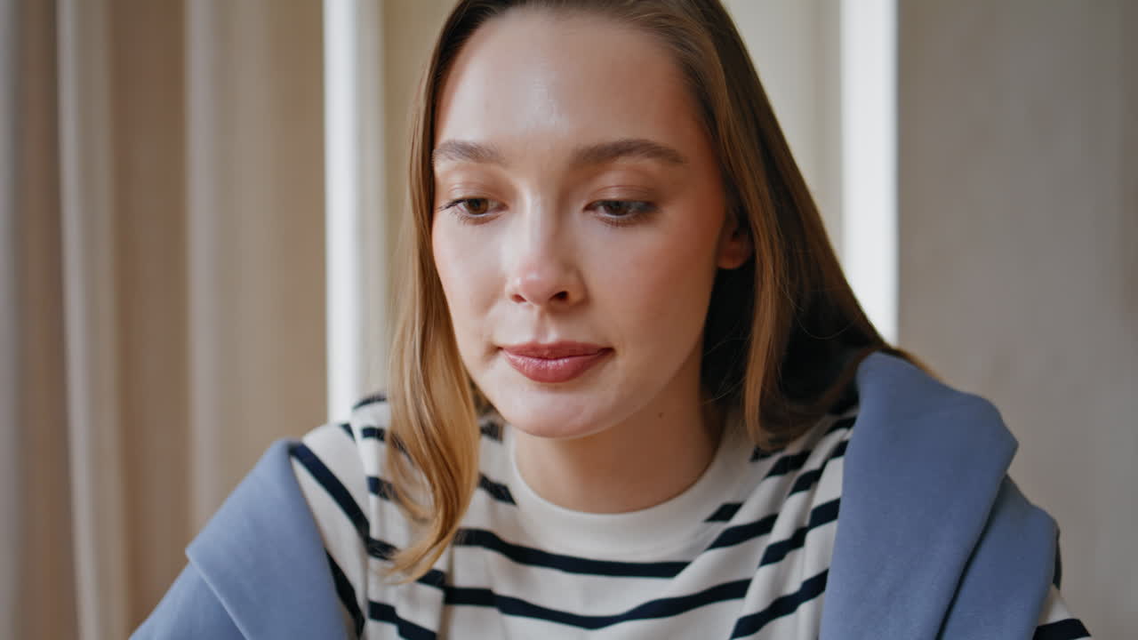 Young startuper talking work meeting in conference room closeup. Portrait woman