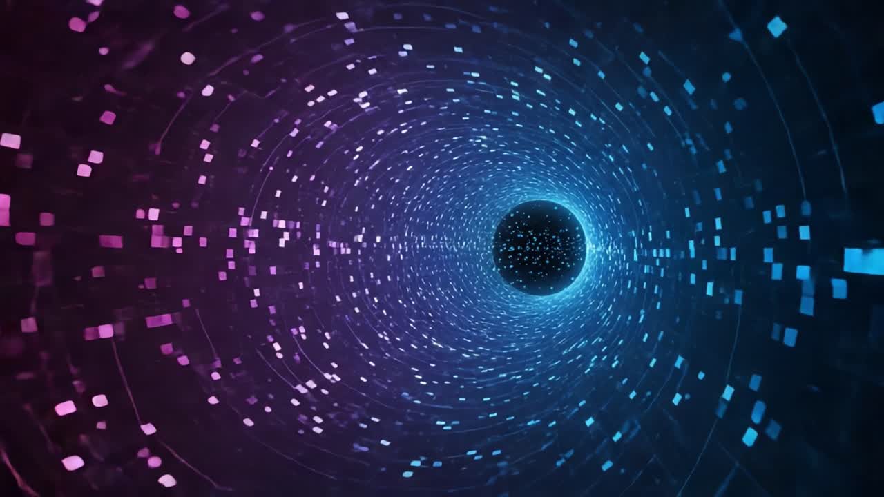 A mesmerizing visual journey through a swirling vortex of vibrant colors, digital patterns, and a central dark sphere, illustrating the captivating interplay of technology and design