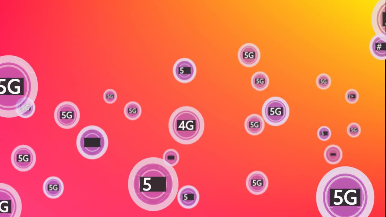 오렌지색 배경에 떠다니는 다중 5g 텍스트 배너의 애니메이션